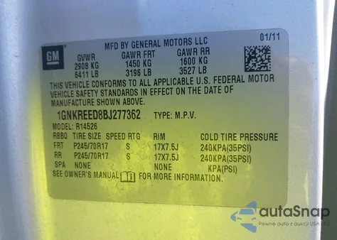 2011 Chevrolet Traverse Ls из США, поврежденный, VIN 1GNKREED8BJ277362